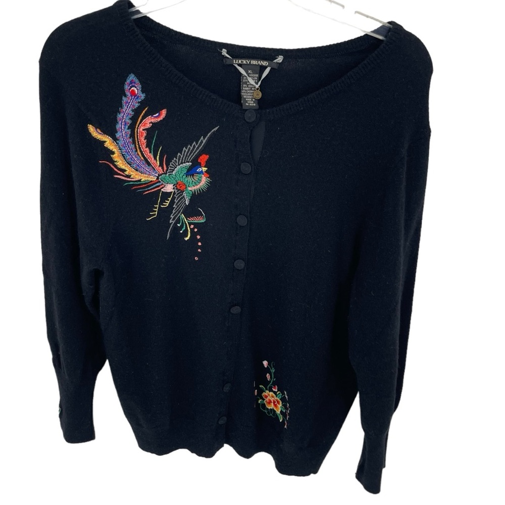 Lucky Brand Black Cardigan with Colorful Embroidery